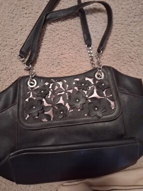 Liz Claiborne Black Shoulder Bag with Floral Cutouts and Metallic Underlay